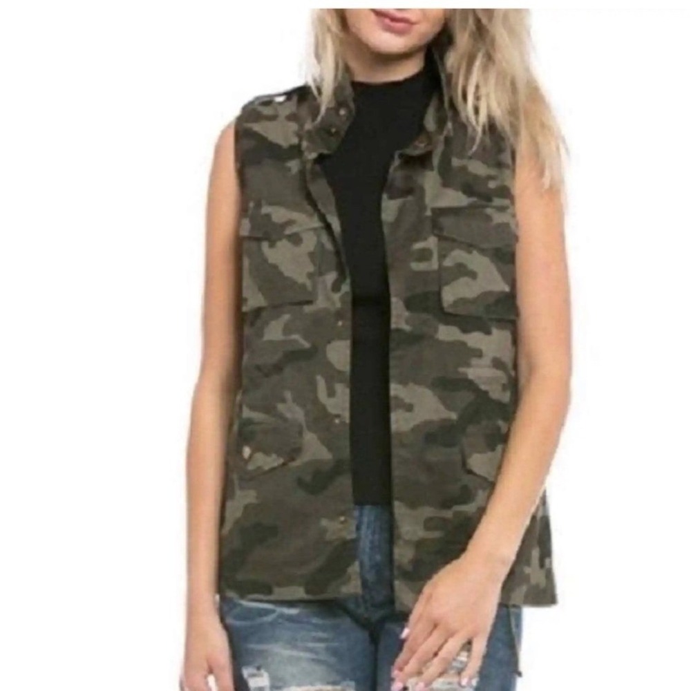 Love Tree Womens Camo Utility Vest Green Military Full Zip Snap Front Size 1X
